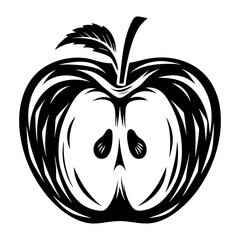 A Bold Black and White Graphic Illustration of a Sliced Apple