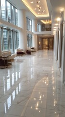 Fototapeta premium Luxurious interior with elegant furniture white marble floor and modern lighting architecture hallway design