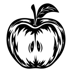 Black and white drawing of a half apple with leaf and seeds