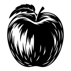 Black and White Apple Illustration with Leaf Detail and Stylized Texture