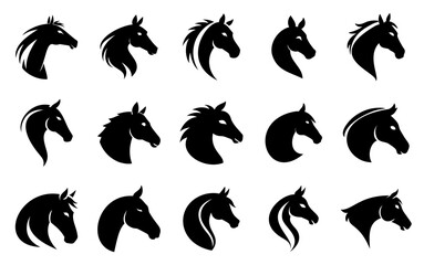 Set of Horse face, Horse vector art illustration, Horse silhouette.