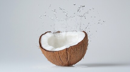 A coconut shell splashes water, showcasing a fresh and vibrant scene, emphasizing nature's beauty and the fruit's refreshing qualities.