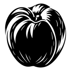 Black and white illustration of a stylized apple with swirling details