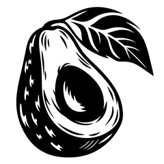 Stylized Black and White Avocado with Leaf Illustration for Various Purposes