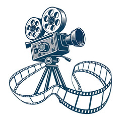 Detailed illustration of a vintage film camera with spools symbolizing the essence of filmmaking and artistry in cinema production and creative endeavors