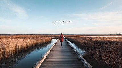 Rustic wooden boardwalk winding through a serene marshland surrounded by reeds and birds soaring overhead in the tranquil coastal environment  The peaceful