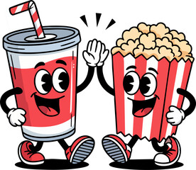 Cheerful Soda Cup and Popcorn Box Characters High-Fiving Vector Illustration
