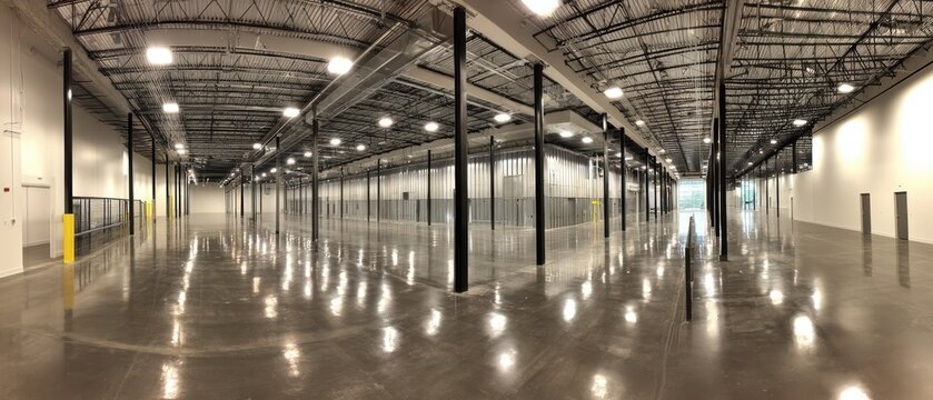 Spacious Warehouse Interior with Polished Concrete Floor Abundant Natural Light and Industrial Architecture