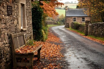 Serene countryside bus stop surrounded by vibrant autumn leaves with an old wooden bench and a rustic signpost creating a peaceful and nostalgic atmosphere