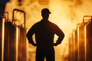 Silhouette of a skilled brewer standing in front of brewing equipment with the equipment s warm glow creating a dramatic cinematic lighting effect  The scene has a moody