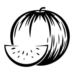 Monochrome Stylized Watermelon Illustration with a Cut Slice Displaying the Seeds