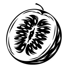 Half of a fruit, artistically stylized in black and white colors