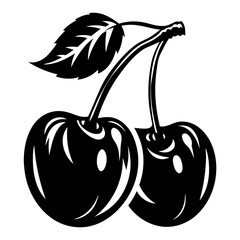 Stylized Black and White Cherry Clipart with Leaf, an Elegant Icon