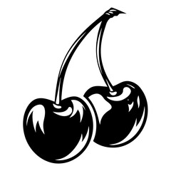 Two cherries on a stem in black and white graphic image