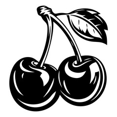 Elegant black and white vector image of two cherries with a leaf