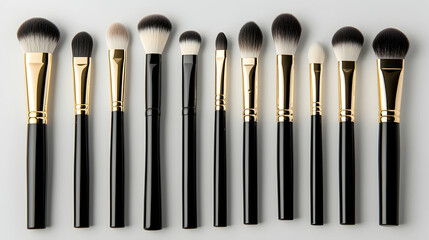 Makeup brush set on white background; various shapes and sizes for cosmetics application; flat lay; perfect for beauty blogs or tutorials