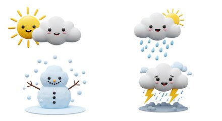 Fototapeta premium Showing Weather Icons with Smiling Sun Cloud Rain and Snowman