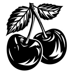 Stylized Black and White Vector Image of Two Cherries with Leaves