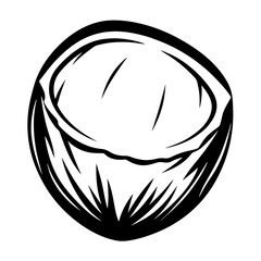 Black and white illustration of a half coconut with husk texture