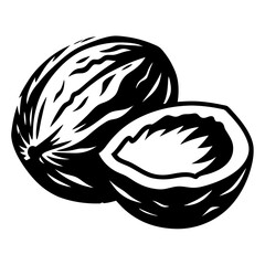 Striking monochrome illustration of a coconut and a coconut half on white