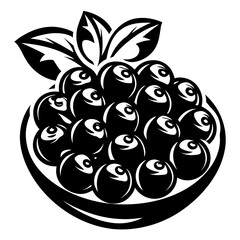 Stylized monochrome bowl of blueberries with leaves illustration for menu design
