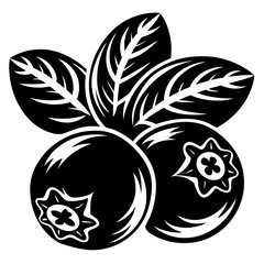 Stylized Black and White Blueberry Illustration with Three Berries and Leaves