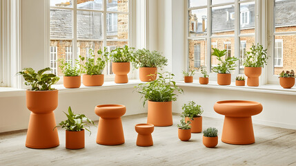 Fototapeta premium Terracotta planters with herbs and plants displayed in a bright room near large windows, ideal for home decor or gardening websites