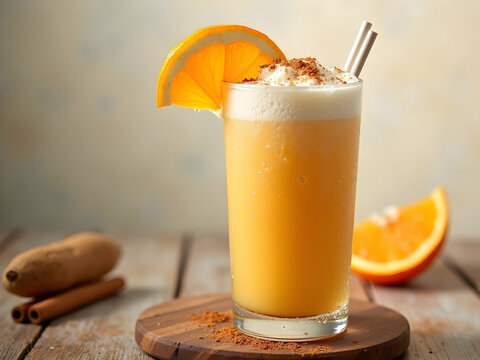 Captivating close-up of a refreshing Dominican morir so,ando drink, showcasing its vibrant orange hue and creamy texture, perfect for a summery indulgence.
