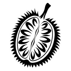 Black and white durian cross section shows the inner fruit and stem