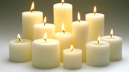 Lit white candles of varying sizes on a simple background, creating a peaceful and serene atmosphere. Ideal for relaxation or memorial themes