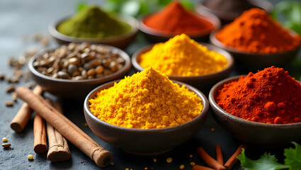 Captivating display of assorted spices in rustic bowls with ample copy space for culinary and lifestyle publications or flavorful menu designs