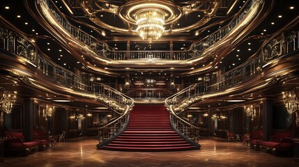 Grand opulent interior, red carpet staircase, ballroom hall, luxurious gold ceiling