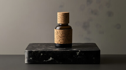 sleek glass bottle with cork stopper sits elegantly on dark marble slab, exuding sense of natural luxury