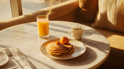 Pancakes with syrup and orange juice on sunlit table create warm breakfast scene