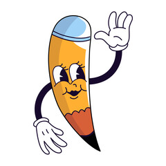 Groovy School Supplies Character. Vector Illustration in Cartoon Style.