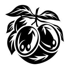 Stylized monochrome image of olives on a branch with leaves illustration
