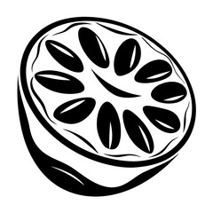 Black and white illustration of a cut citrus fruit with many segments