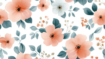 Floral pattern with peach and white flowers on white background, featuring green and beige leaves for soft, elegant design