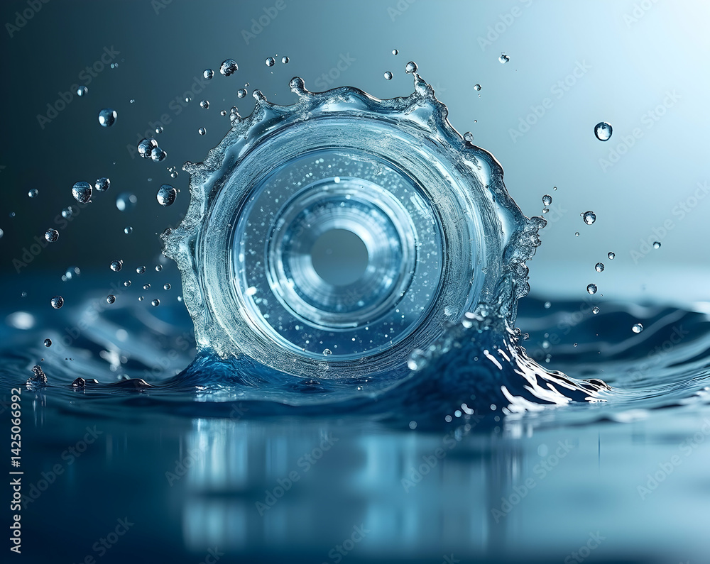Poster Captivating fluid dynamics image showcasing water swirling around a central vortex with dynamic splashes and droplets creating a mesmerizing visual effect