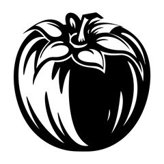 Stylized black and white drawing of a tomato with leaves