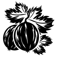 Stylized black and white illustration of gooseberries with detailed leaves art