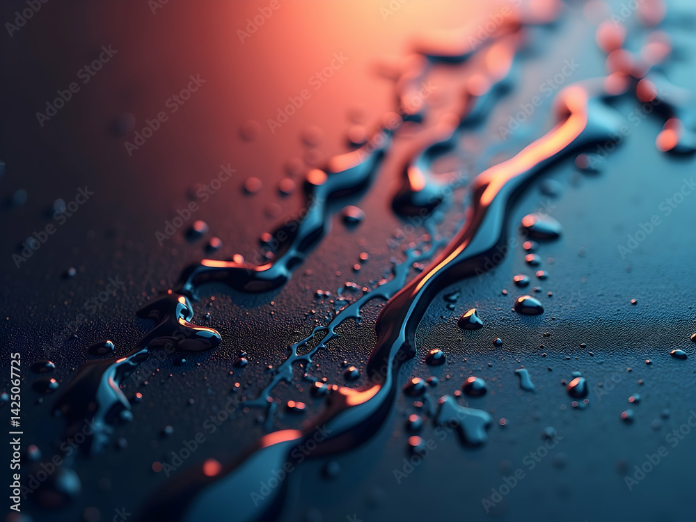 Poster captivating interplay of light and liquid droplets on a semigloss surface, creating a mesmerizing gr