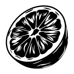 Monochromatic depiction of a halved lemon segment with intricate interior details