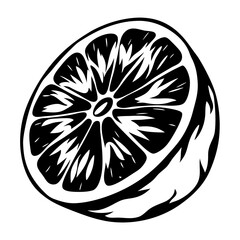 Black and white illustration of a halved orange fruit graphic design