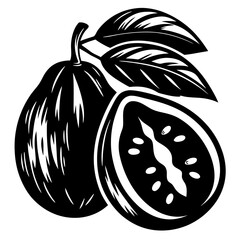 Elegant monochrome illustration of a guava fruit and a guava half with leaves