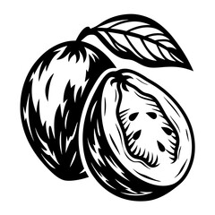 Monochrome Vector Image of Guava Fruit with Leaf and Cut Section