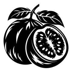 Stylized Black and White Illustration of a Cut Orange with Leaves