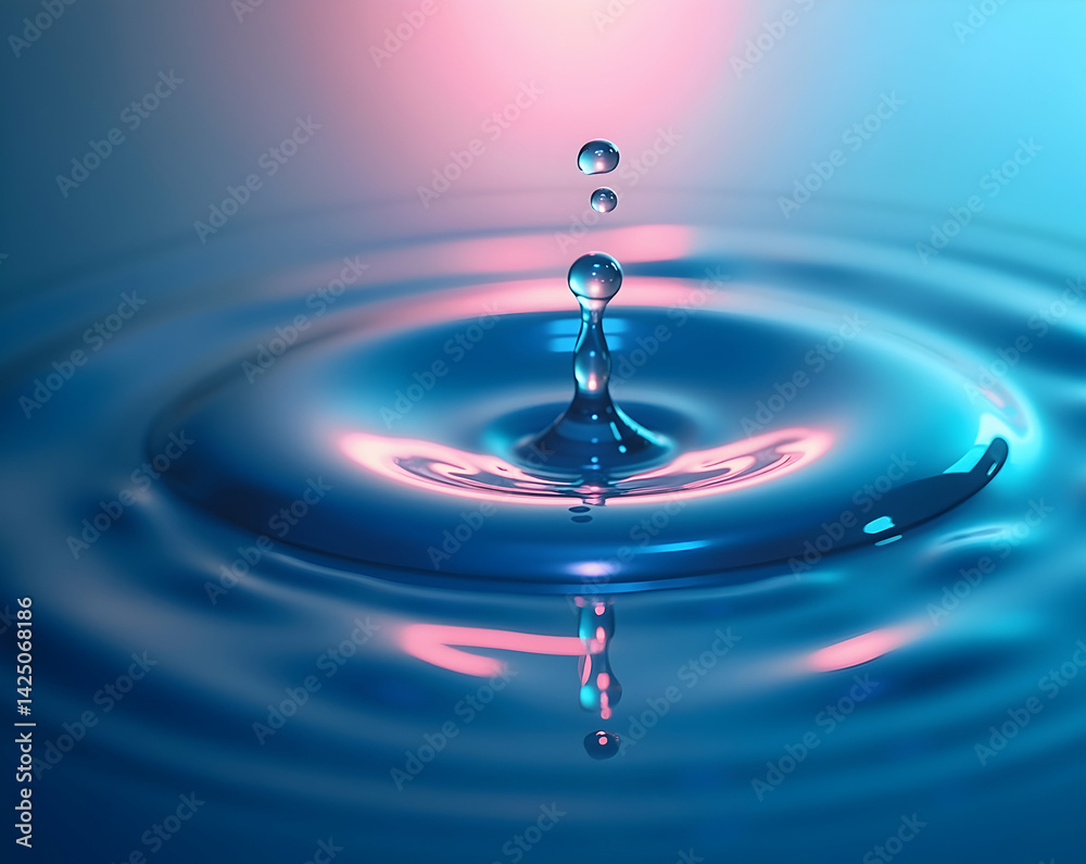 Poster captivating liquid drop impacting a serene surface, creating mesmerizing ripples and patterns, refle