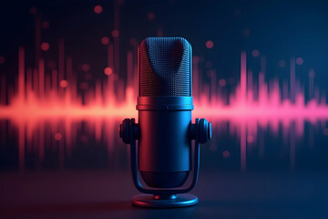 Captivating microphone featuring a glowing soundwave backdrop, ideal for podcasting, recording, or broadcasting purposes with a focus on modern audio technology