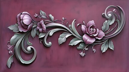Detailed depiction of artistic floral pattern on maroon background
